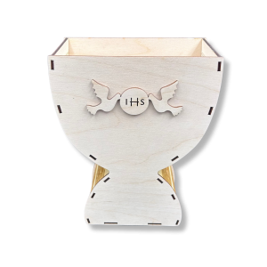 Drewniany wazon KIELICH PUCHAR IHS gołąbki komunia prezent