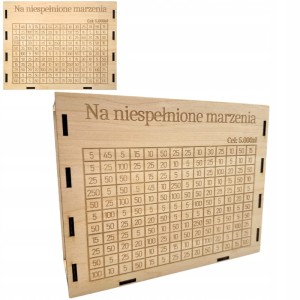 Drewniana skarbonka wykreślanka z grawerem TWÓJ NAPIS 