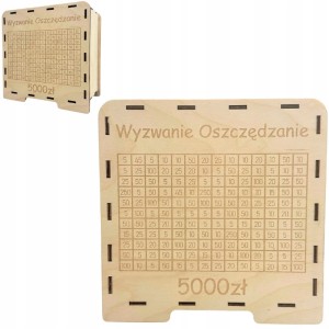Drewniana skarbonka wykreślanka WYZWANIE OSZCZĘDZANIE drewno